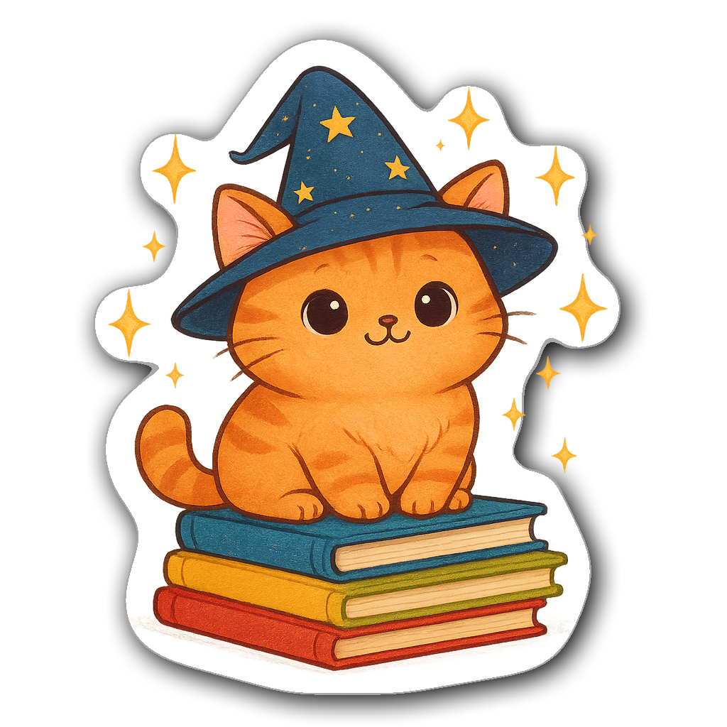 Kawaii chibi orange tabby cat with wizard hat and books