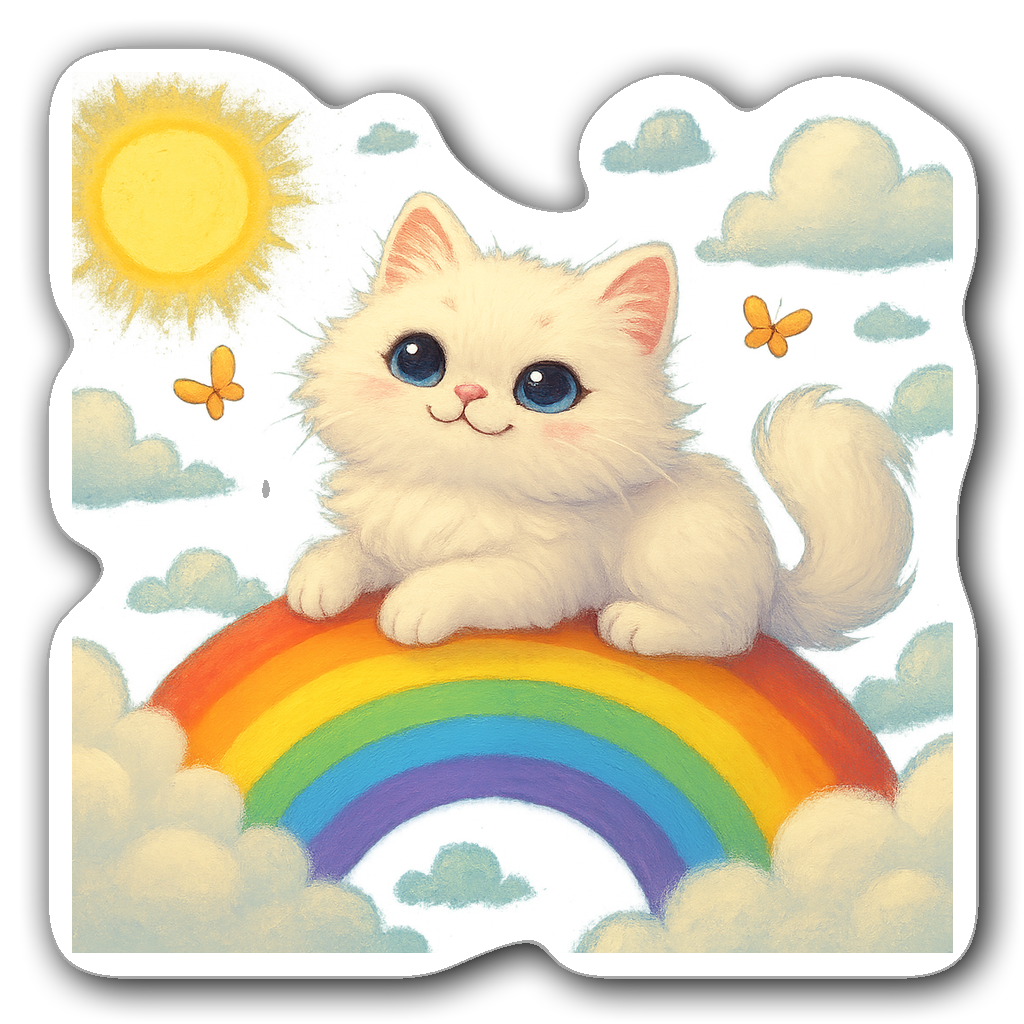 Kawaii chibi Persian cat relaxing on a rainbow with butterflies