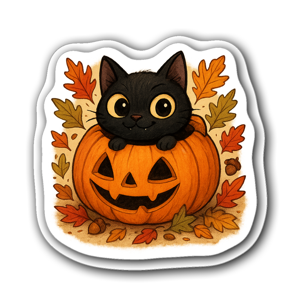 Kawaii black cat peeking out from a pumpkin with autumn leaves