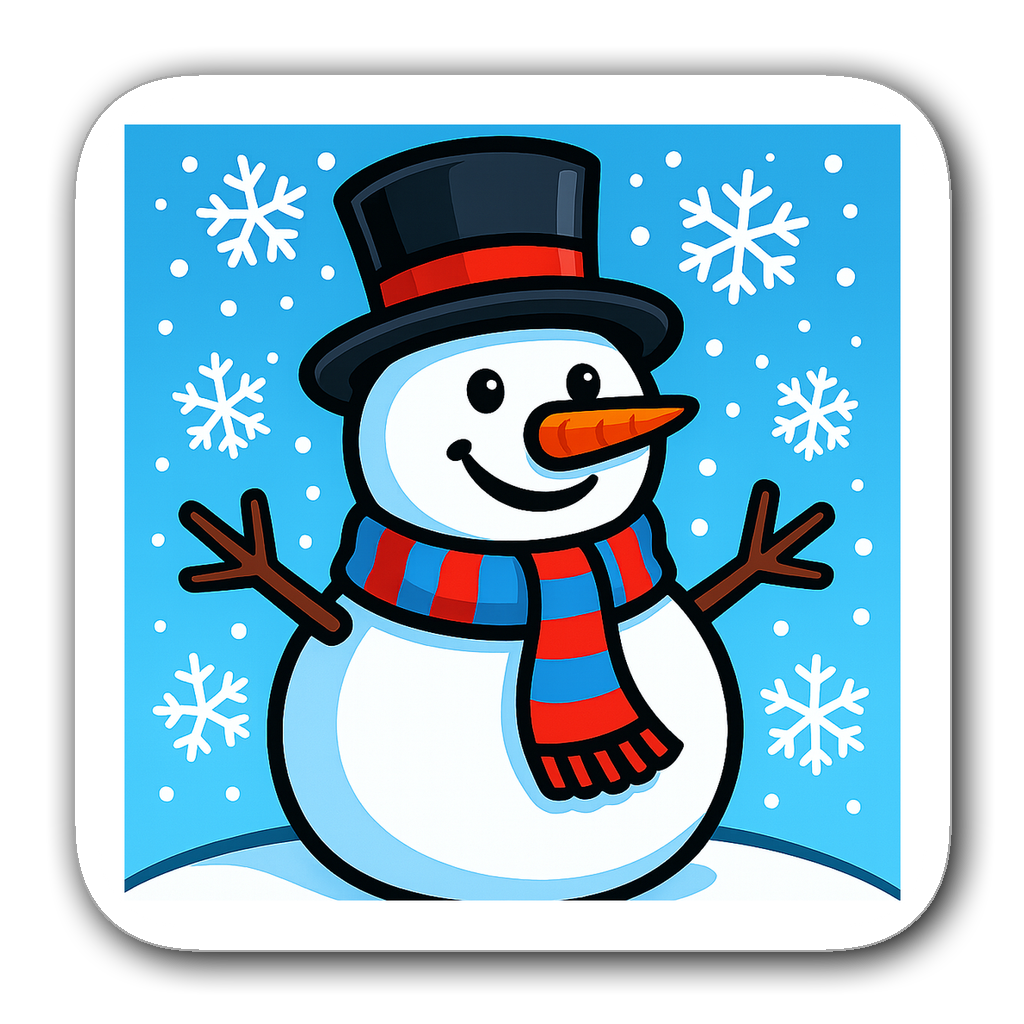 Cheerful snowman with scarf and top hat amidst snowflakes