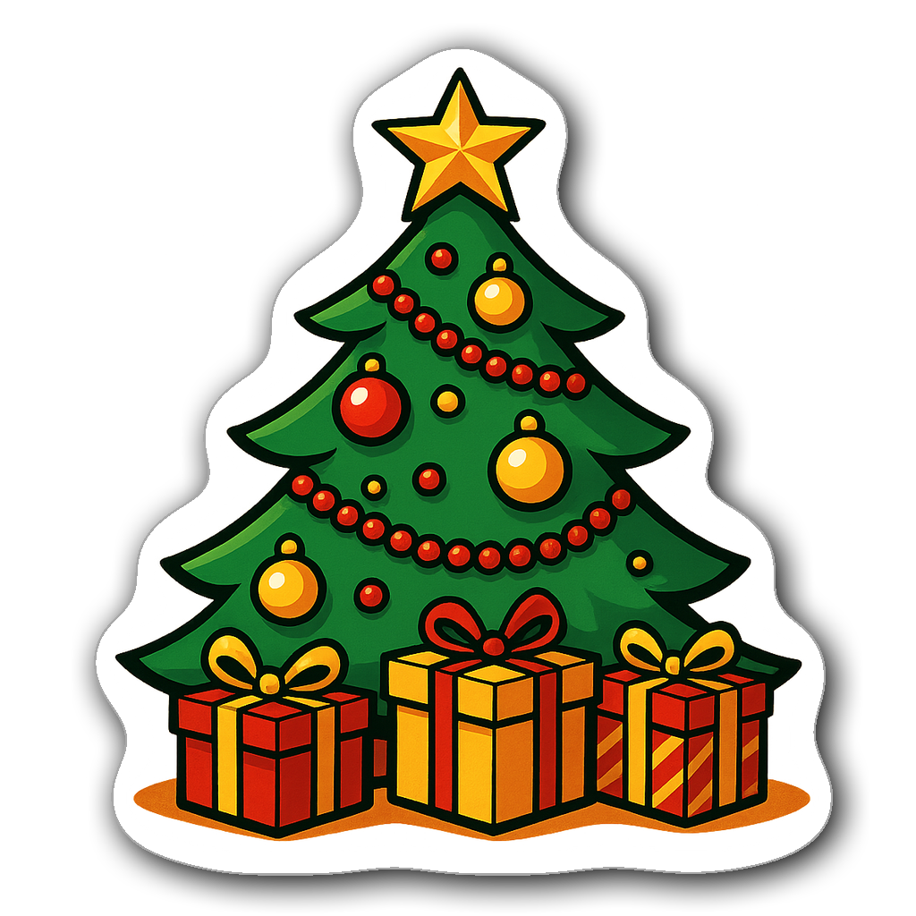 Vibrant sticker of a Christmas tree with ornaments and gifts