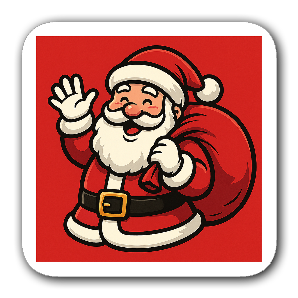 A cheerful Santa Claus waving with a sack of presents