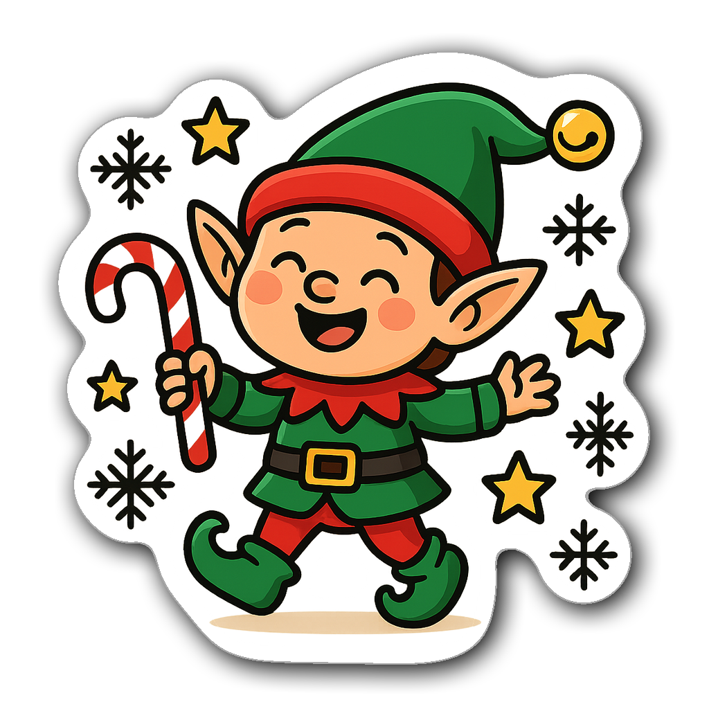 Colorful whimsical elf holding a candy cane with stars and snowflakes