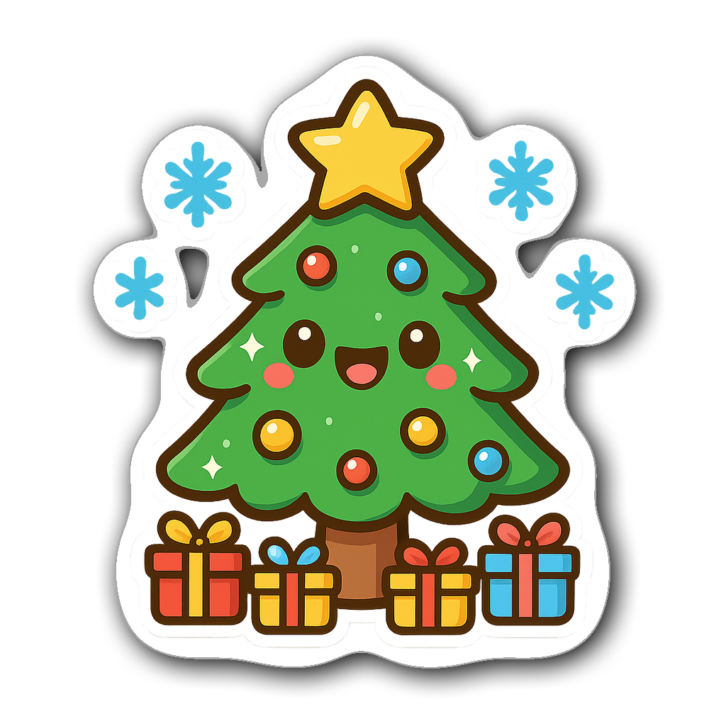 Kawaii chibi Christmas tree with cute face and ornaments