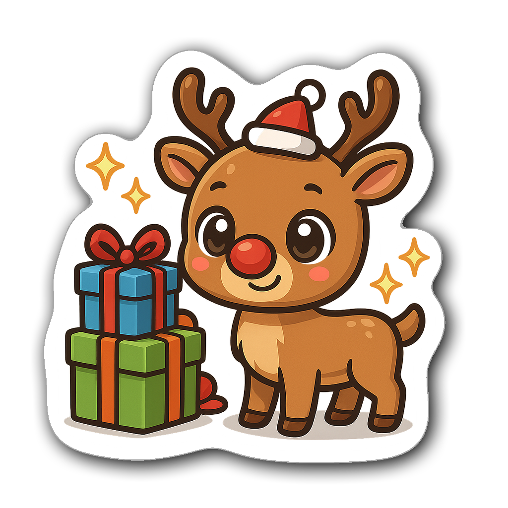 Cute chibi reindeer with gifts and stars in kawaii style