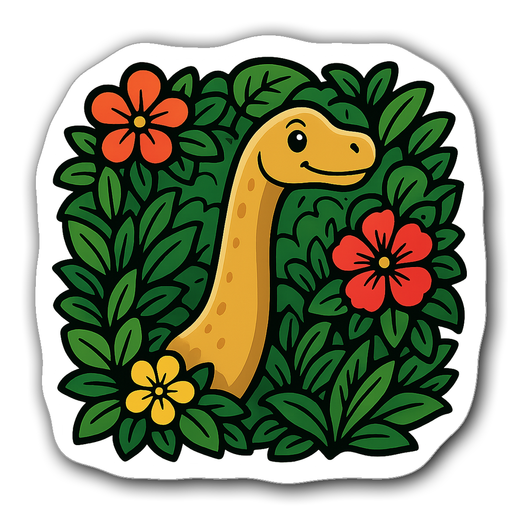 Whimsical Brachiosaurus sticker in a lush rainforest