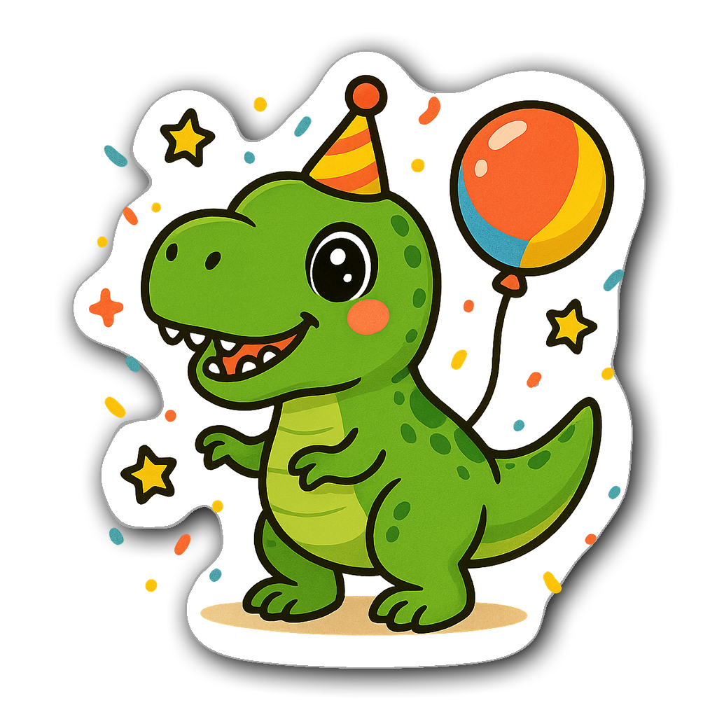 Kawaii Chibi T-Rex sticker with a party hat and balloon