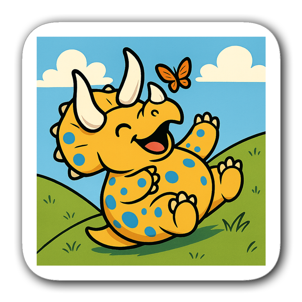 Kawaii chibi style Triceratops sticker rolling down a hill