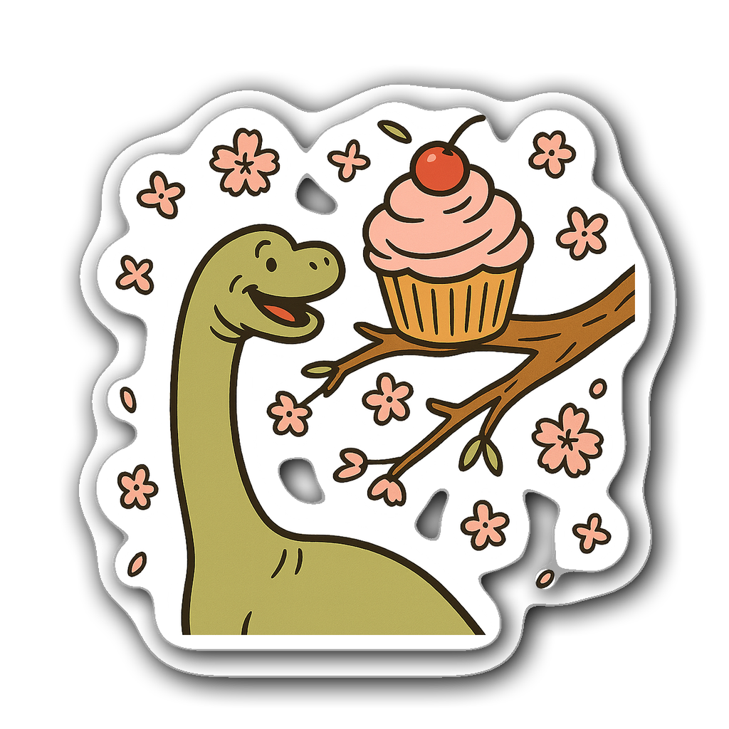 Kawaii Brachiosaurus munching on a cupcake with cherry blossoms