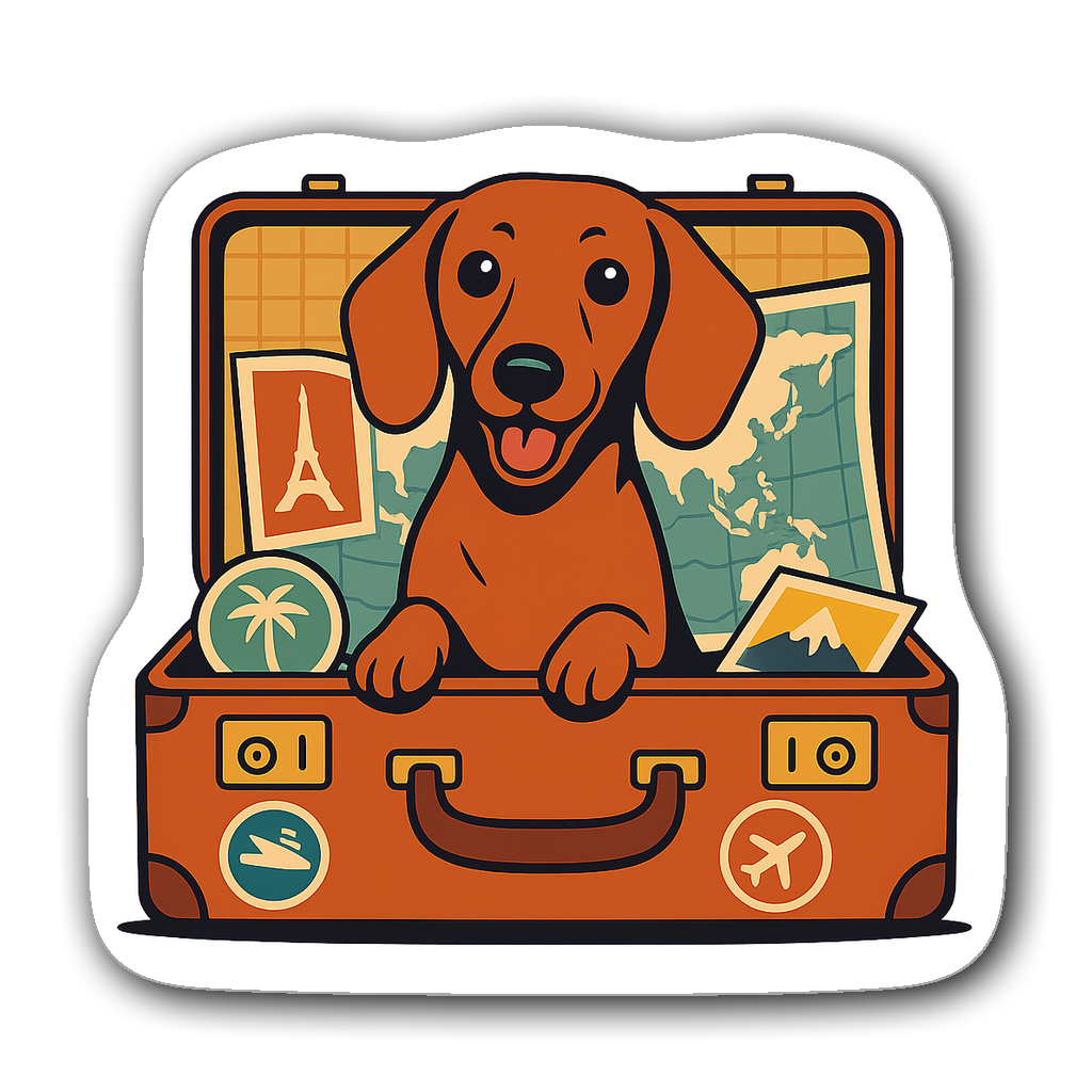 Playful Dachshund popping out of vintage suitcase with travel stickers