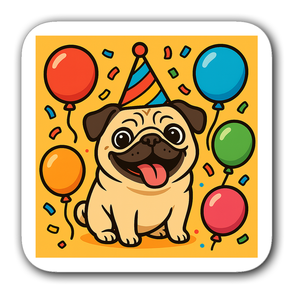 Happy pug with a party hat and colorful balloons