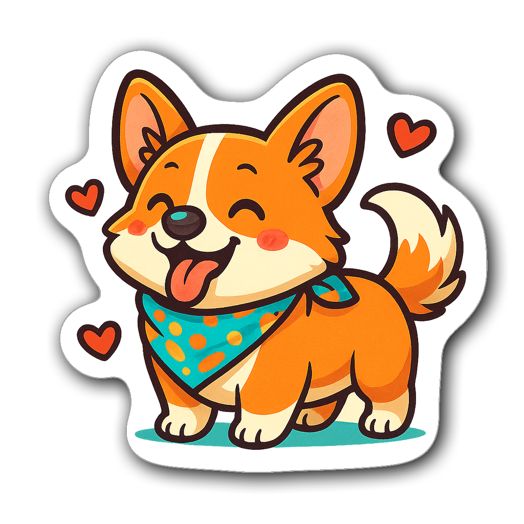 Kawaii chibi corgi sticker with playful expression and hearts
