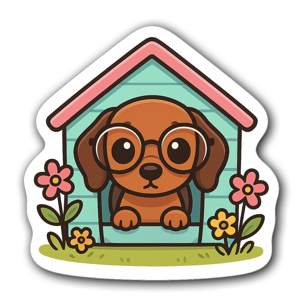 Kawaii chibi style dachshund with big eyes in a doghouse