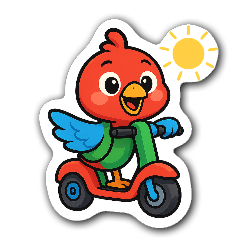 Bright cartoon bird character on an electric scooter