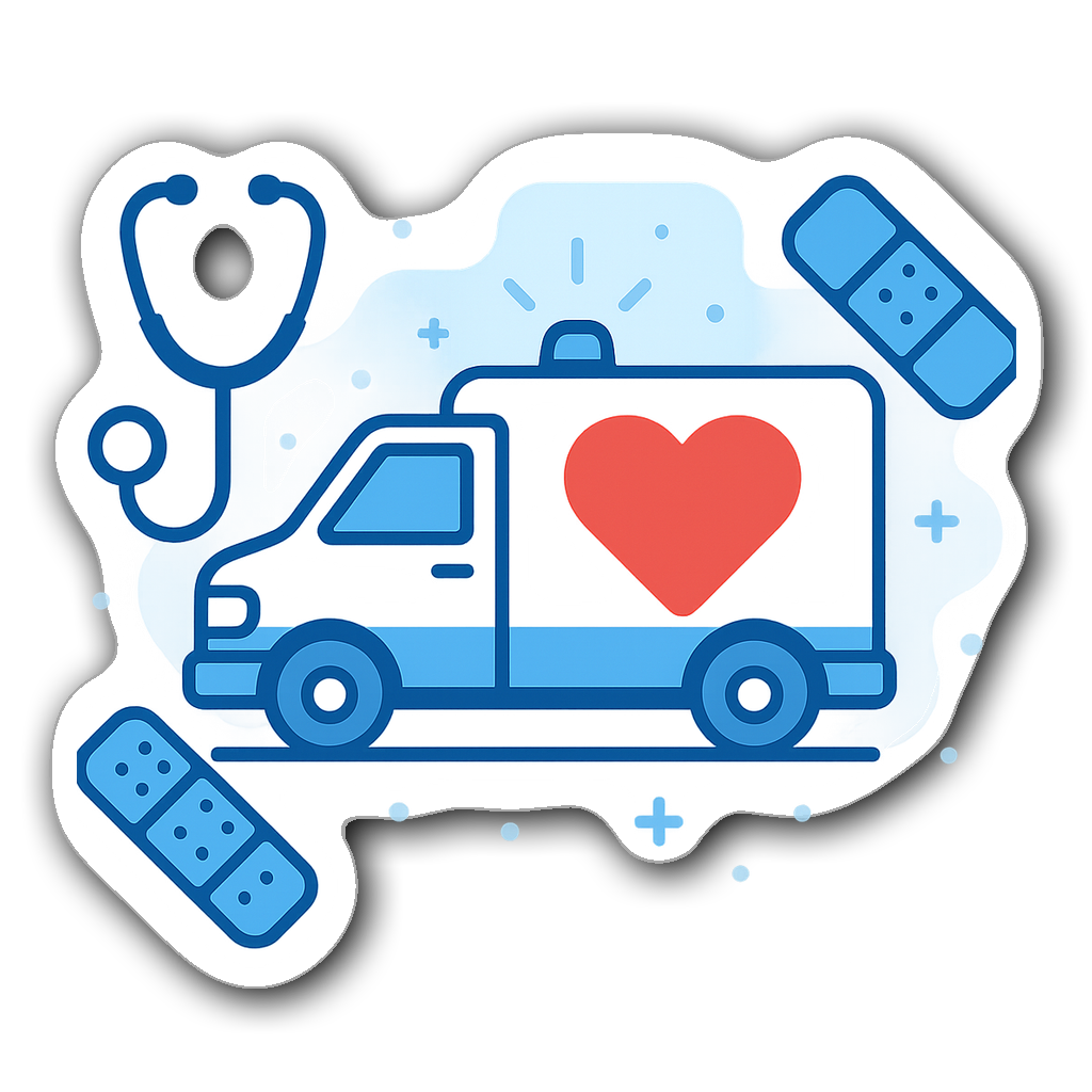 Vector sticker of an ambulance with a red heart and medical tools