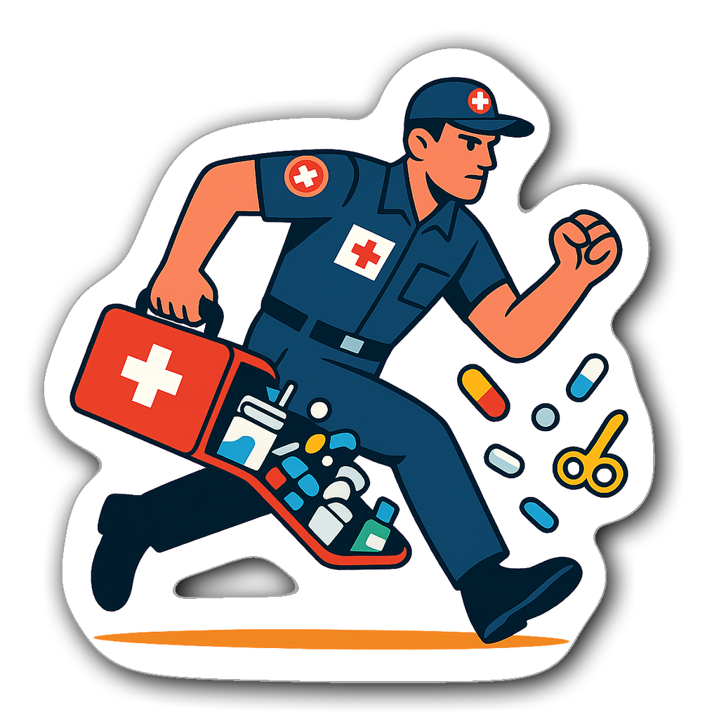 A heroic paramedic character carrying a first aid kit