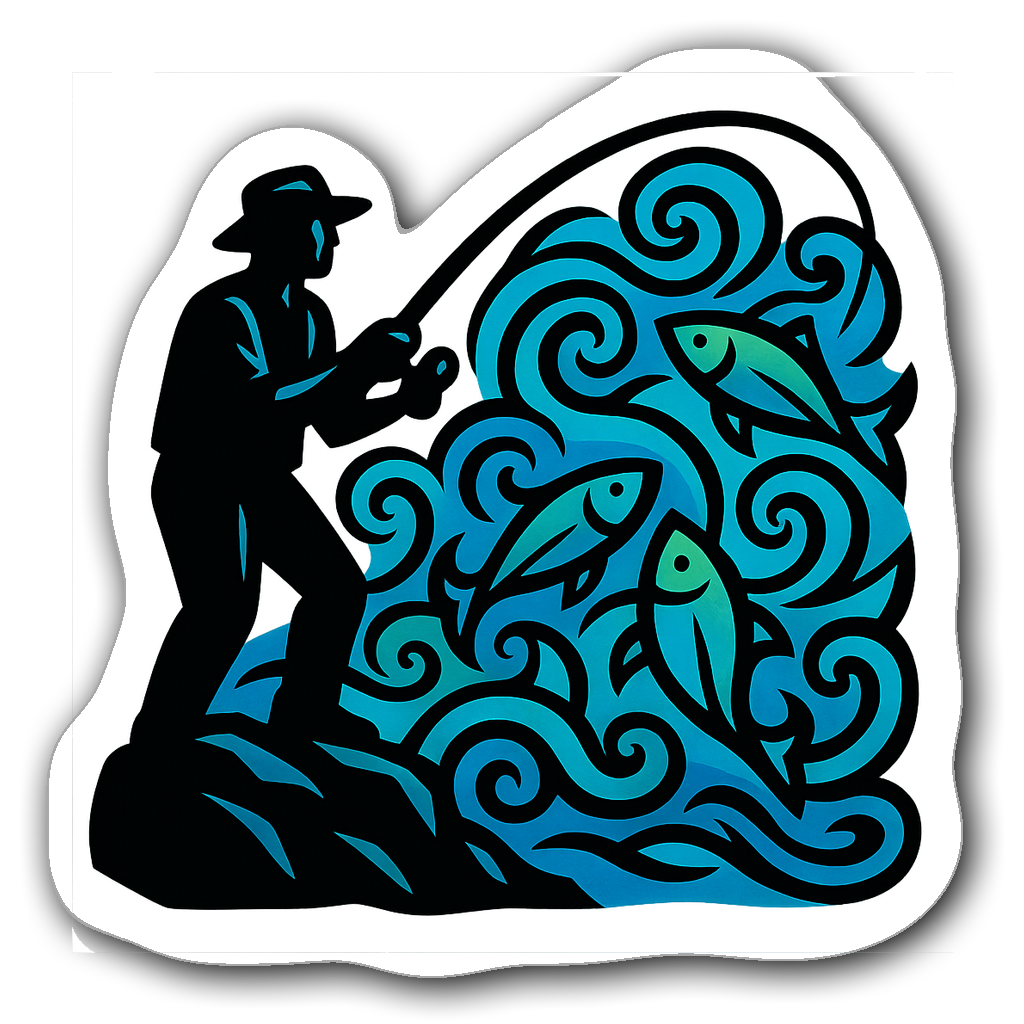 Stylized fisherman silhouette casting a line with fish
