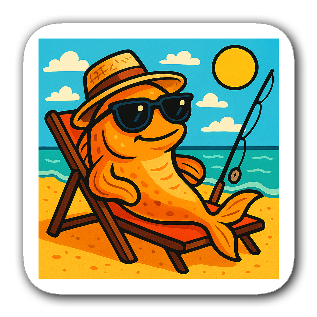 Cartoon fish with sunglasses and straw hat on beach chair
