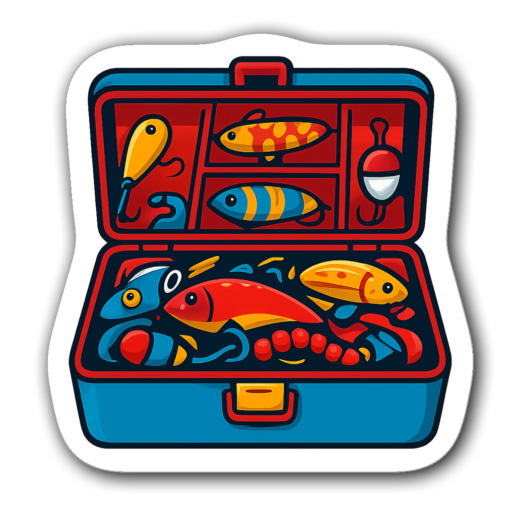 Colorful tackle box overflowing with lures and bait sticker