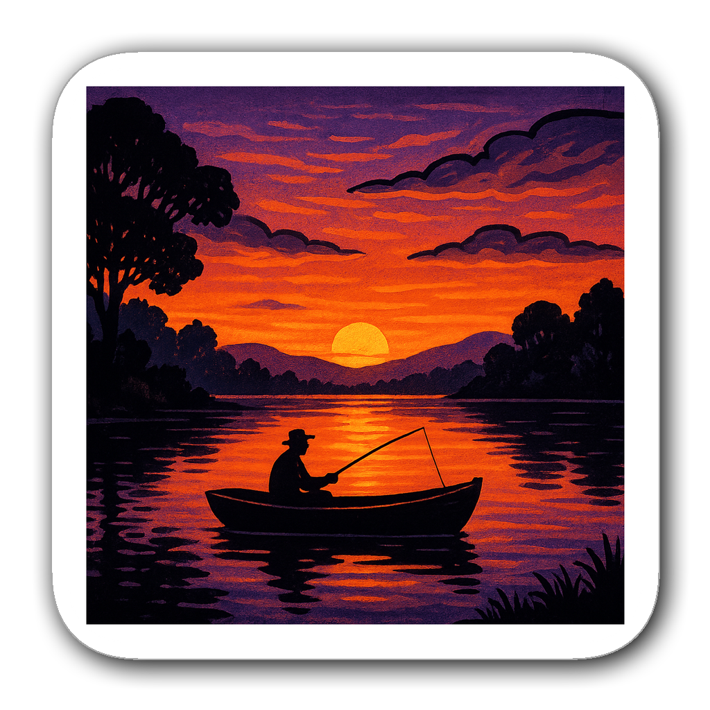 Serene lake scene at sunset with fisherman silhouette