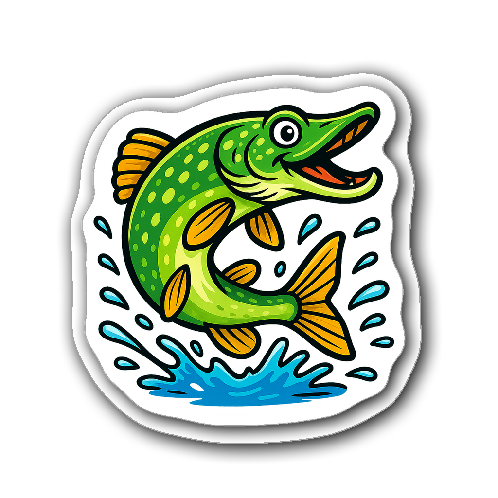 Cartoon pike leaping out of water with splashes