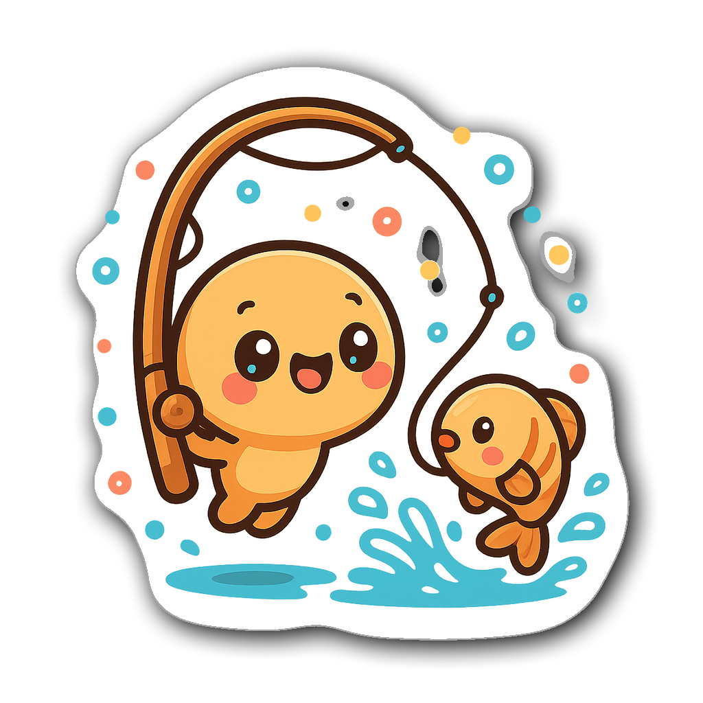 Kawaii chibi fishing rod character with joyful expressions