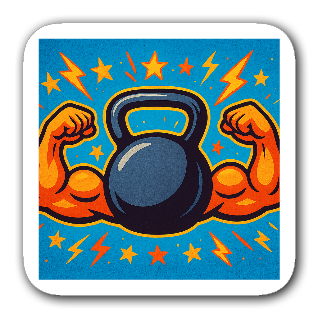 Vibrant kettlebell fitness sticker with cartoon muscles and stars