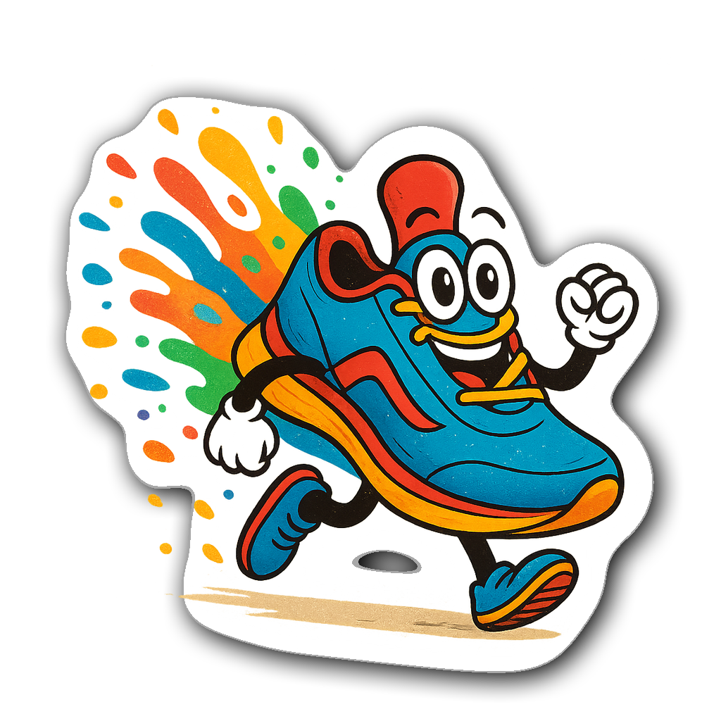 Cheerful running shoe sticker with colorful splashes