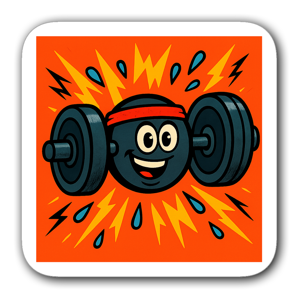 Cartoon barbell with eyes and smile, wearing a headband