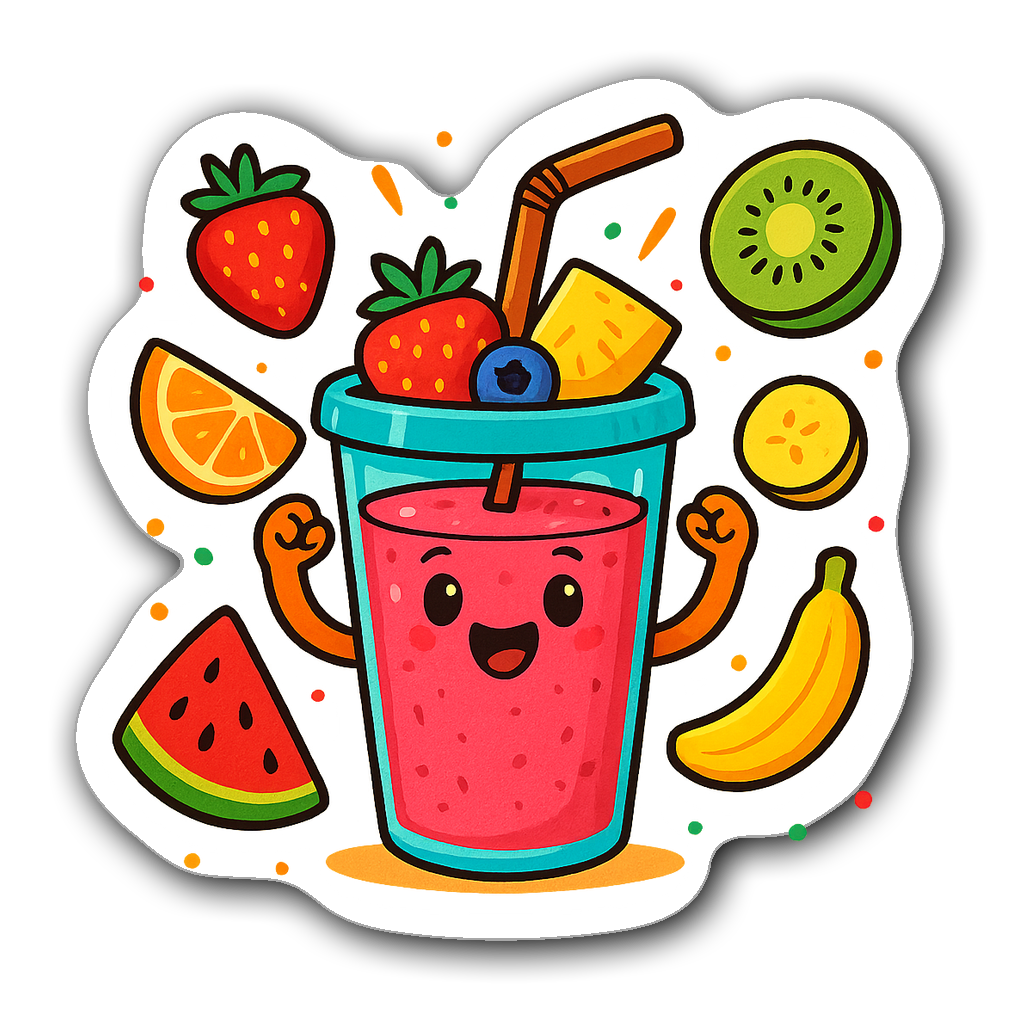 A vibrant smoothie cup sticker with colorful fruit and cartoon arms