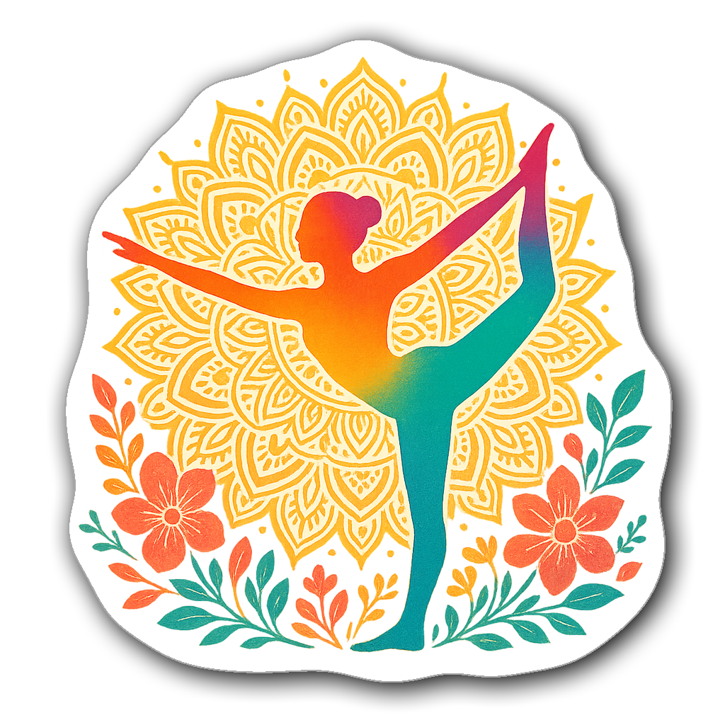 Dynamic yoga pose silhouette sticker with floral and mandala designs