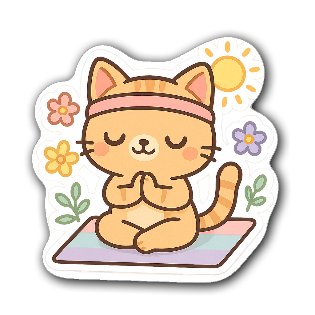 Kawaii chibi yoga cat sitting on a mat with flowers and a sun