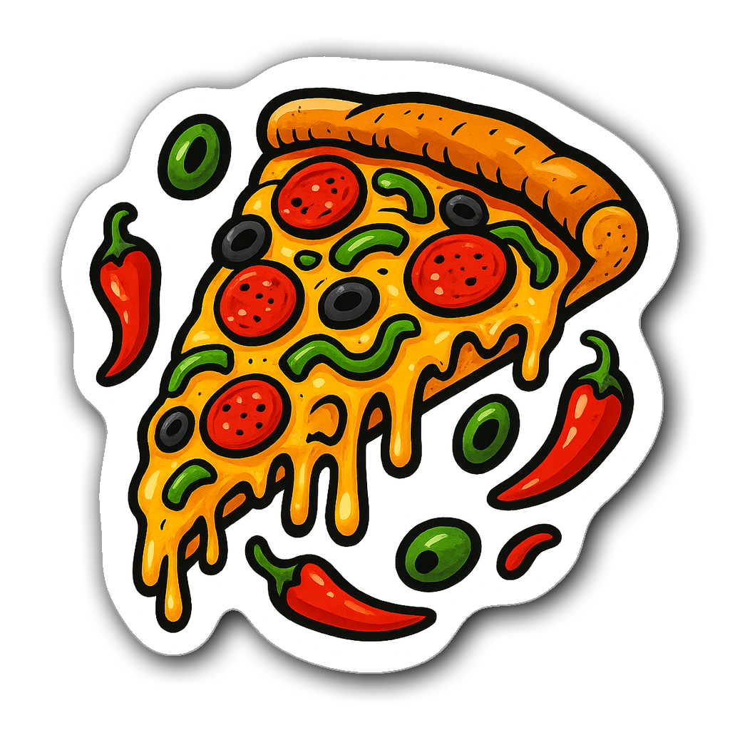 Vibrant slice of pizza die-cut sticker with toppings