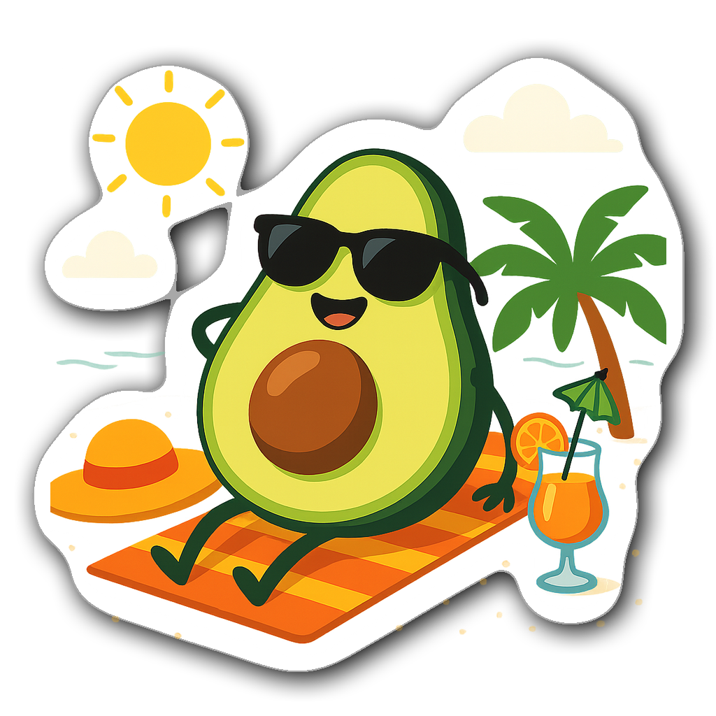Cheerful avocado wearing sunglasses on a beach towel with accessories
