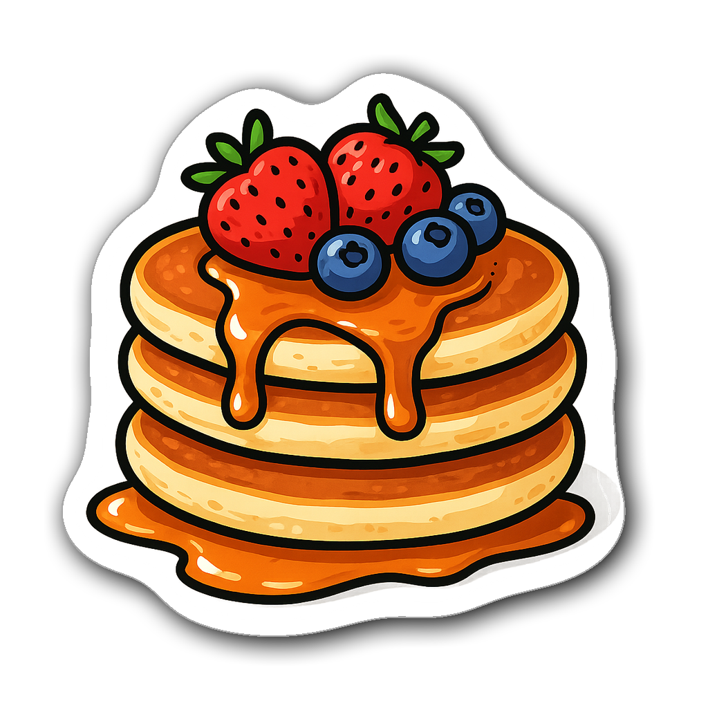 Illustration of three fluffy pancakes with fruits and syrup