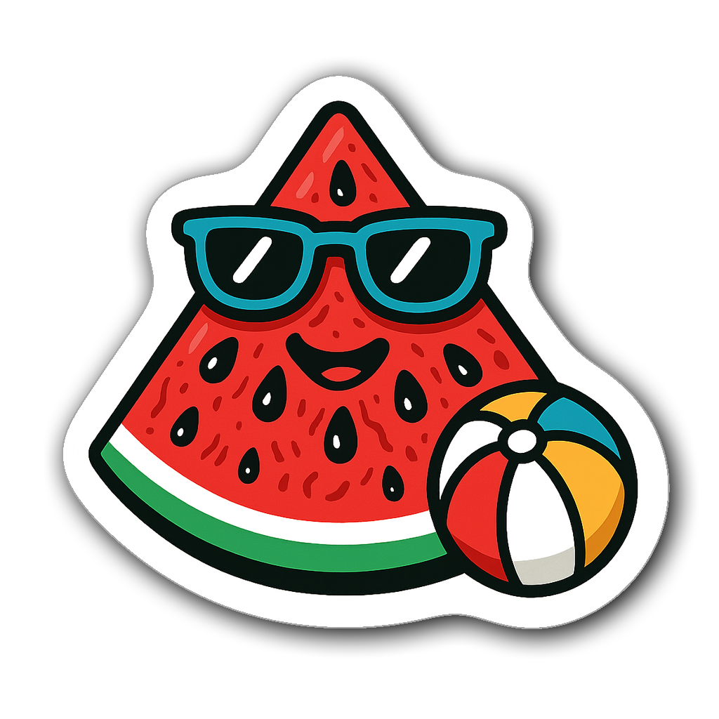 Vibrant watermelon slice sticker with sunglasses and beach ball