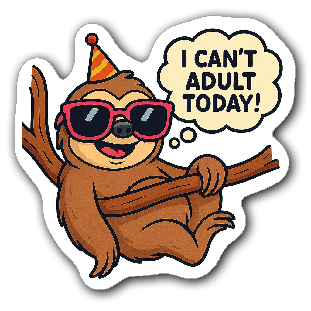 Cartoon sloth hanging on a branch with sunglasses and a party hat