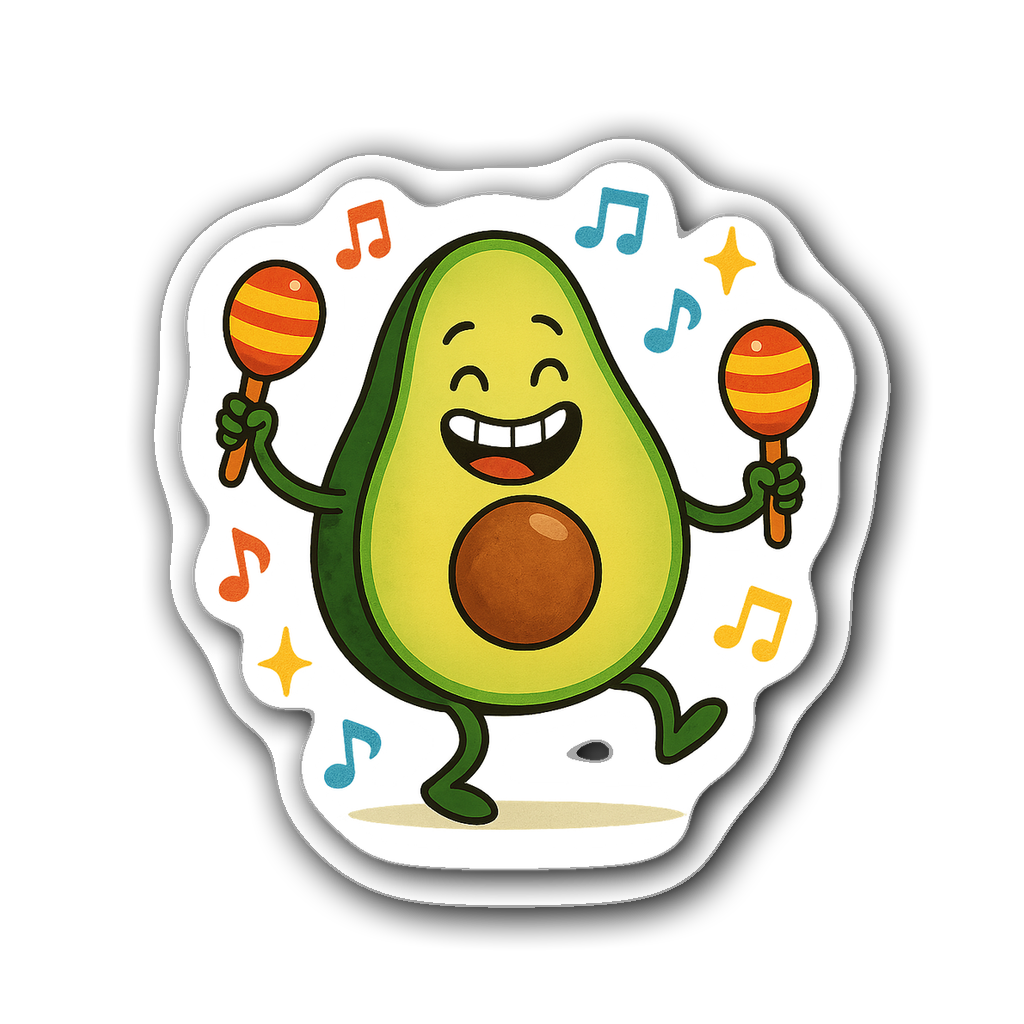 Cheerful avocado dancing with maracas and musical notes