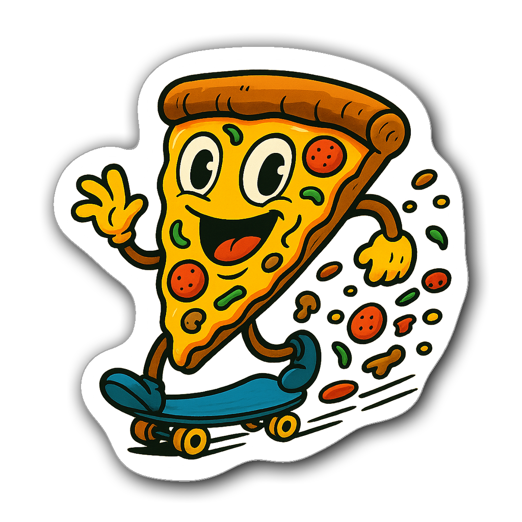 A quirky slice of pizza sliding down a skateboard with a big smile