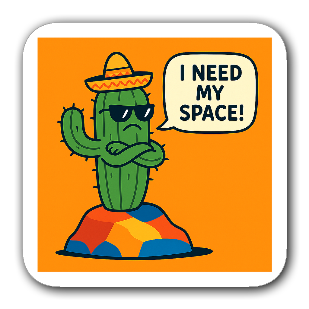 Grumpy cactus with sombrero and sunglasses saying 'I need my space'