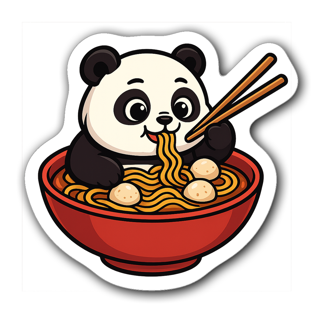 Chubby panda lounging in a bowl of ramen slurping noodles