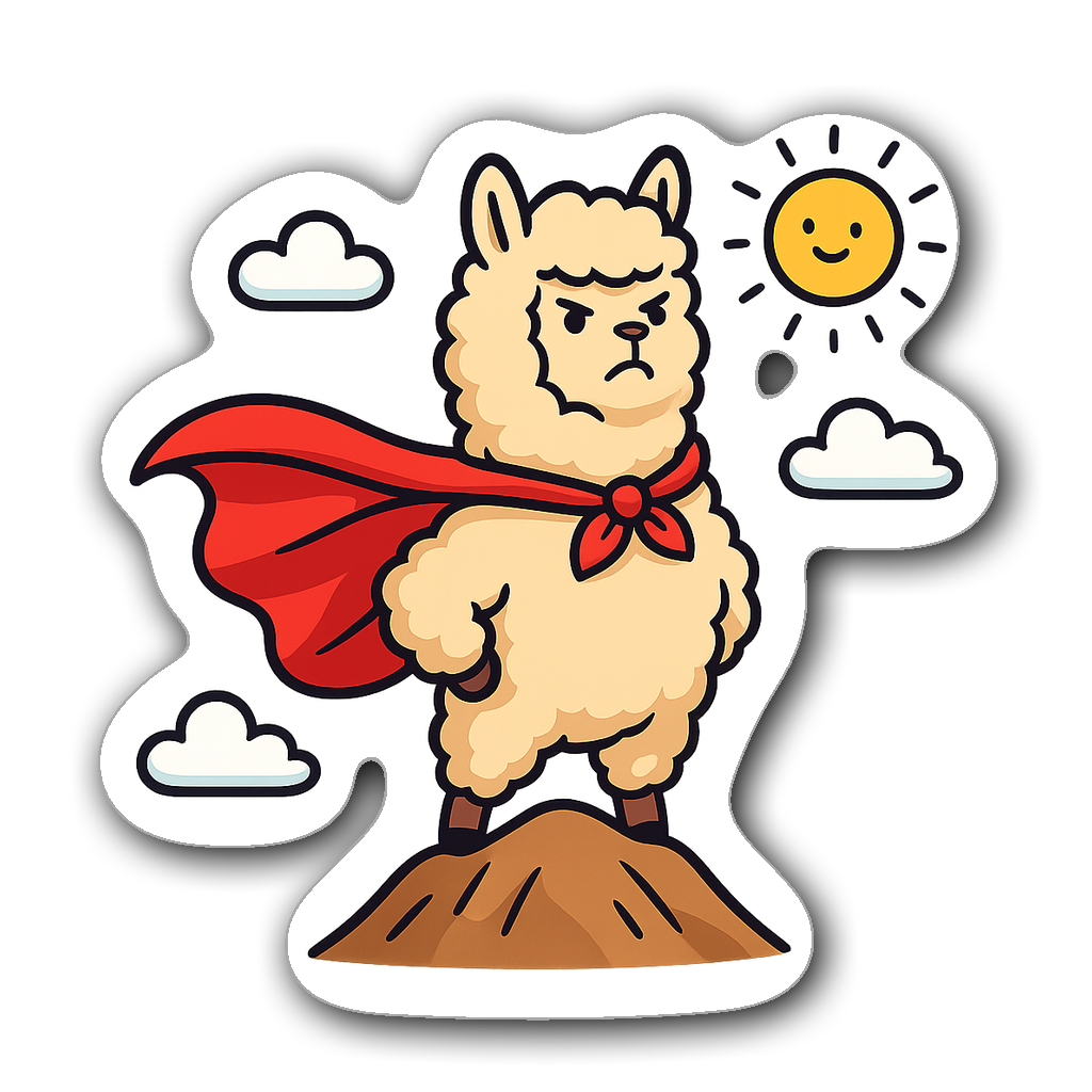 Superhero alpaca with flowing cape standing on a mountain