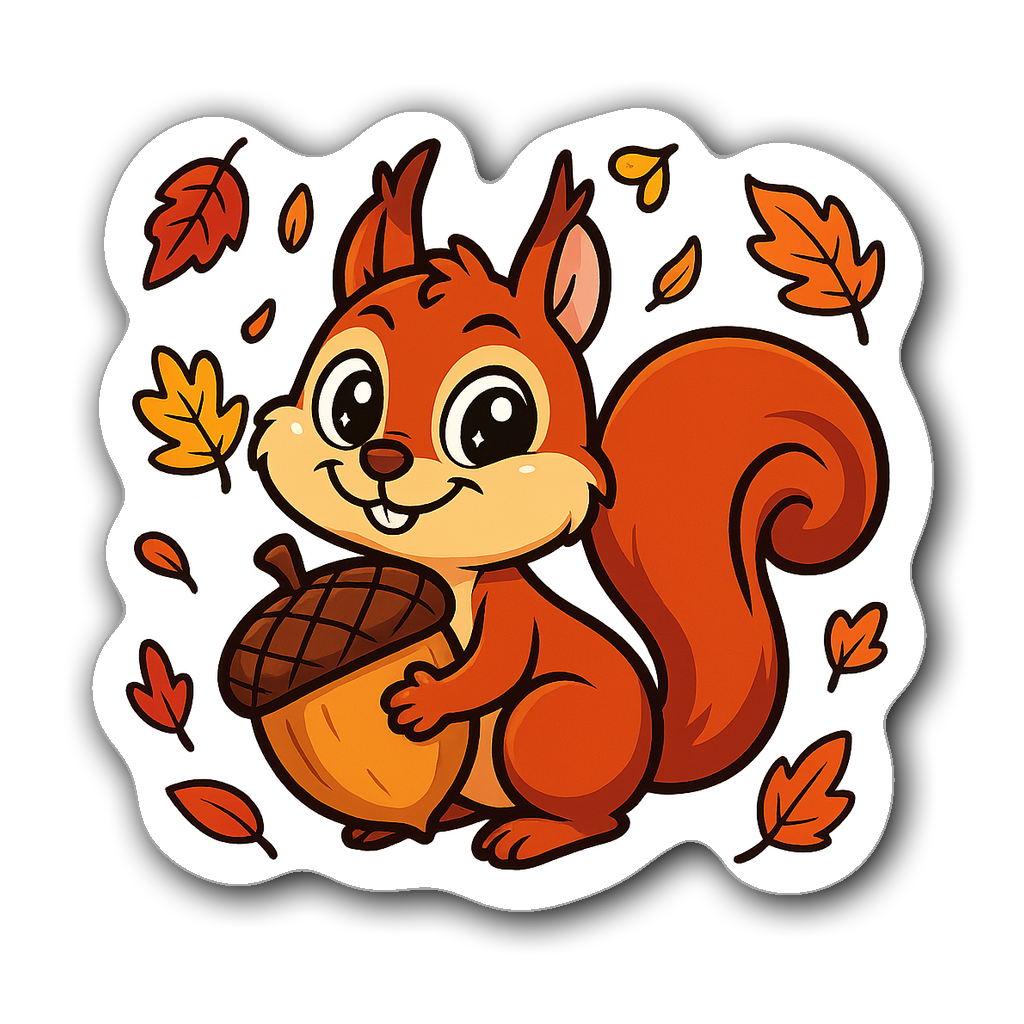Kawaii sticker of a mischievous squirrel with an acorn