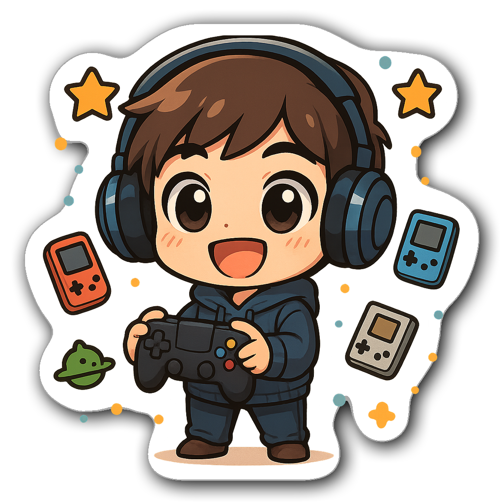 Chibi character in gaming attire with oversized headphones