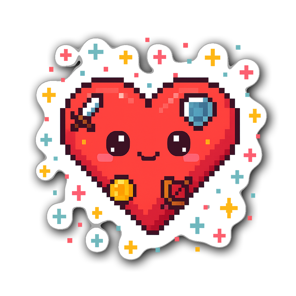 Kawaii chibi pixel heart sticker with big eyes and gaming icons
