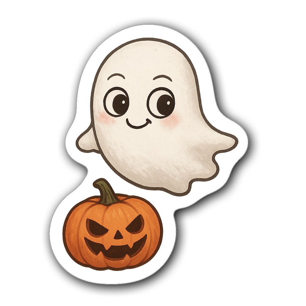 A cute ghost floating above a mischievous pumpkin on a transparent background
