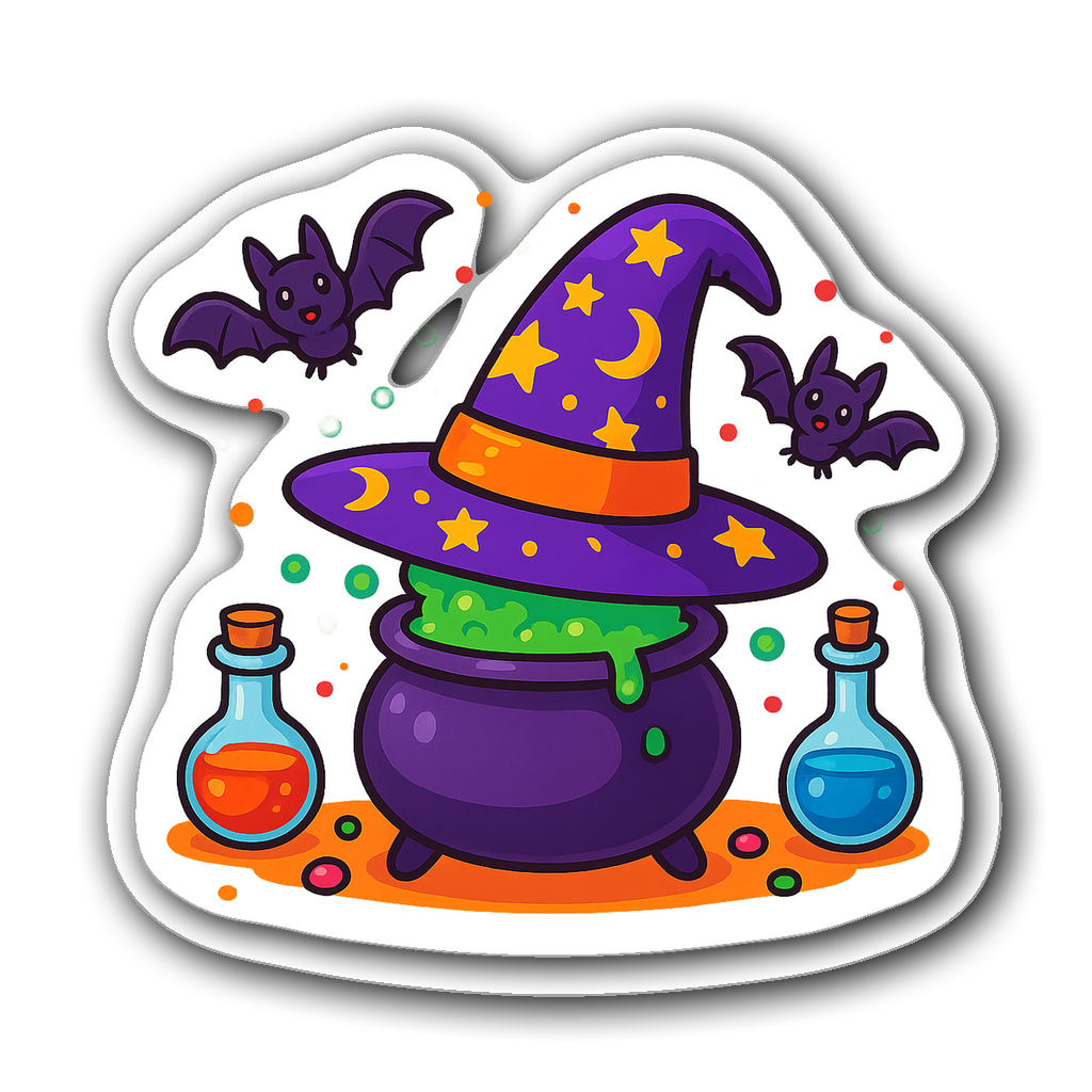 Cartoonish witch's hat on a cauldron with bats and potions