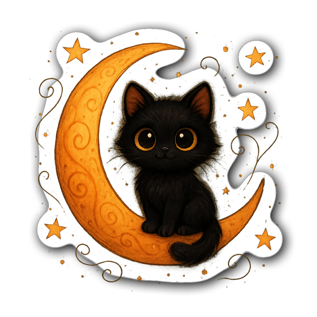 Black cat with big eyes on crescent moon with stars