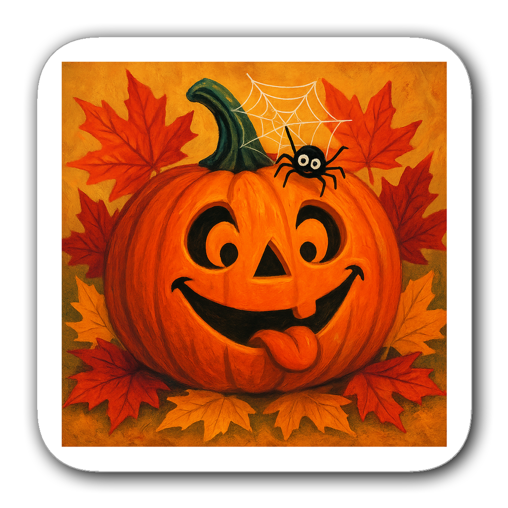 Playful pumpkin with silly face and autumn leaves