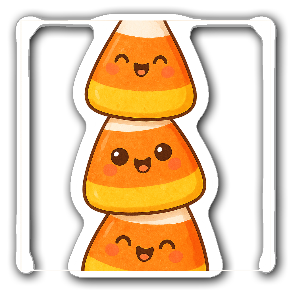 A stack of three whimsical candy corn characters with happy expressions